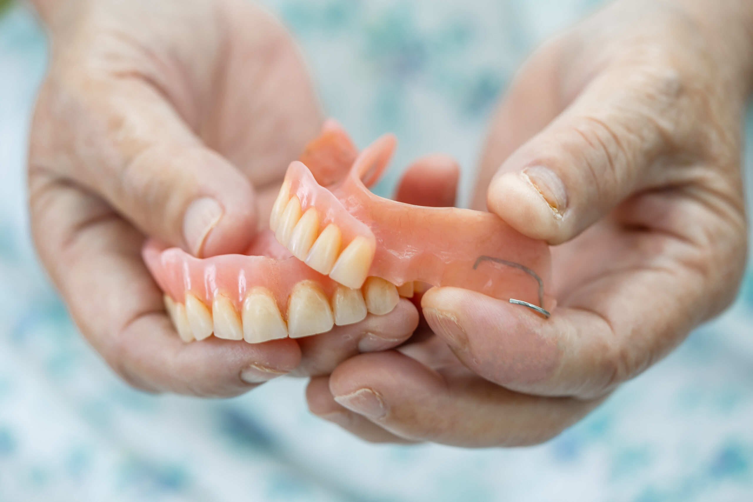 senior woman holding full dentures.