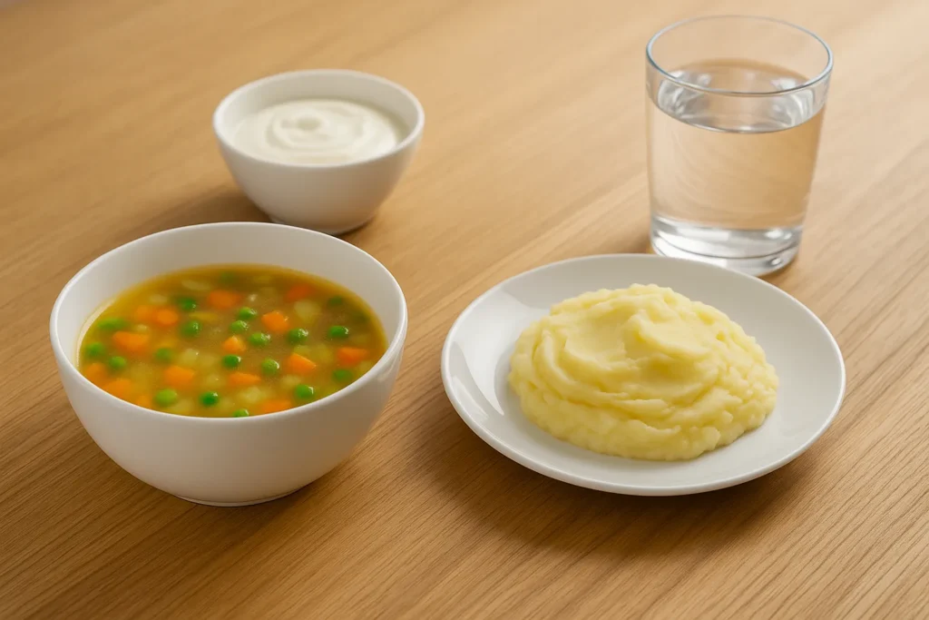 Soft meal options like soup, yoghurt, and mashed potatoes ideal for post-dental implant recovery.